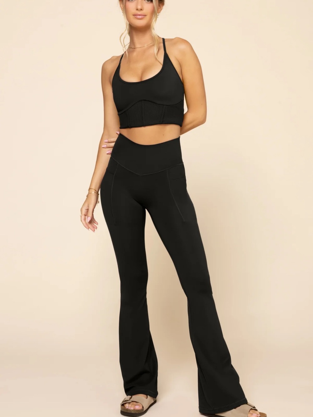 POPFLEX Black High-Rise Flare Leggings with Side Pockets
